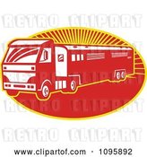 Vector Clip Art of Retro Red Horse Transport Lorry Truck with a Trailer over Rays by Patrimonio
