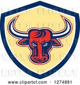 Vector Clip Art of Retro Red Longhorn Bull in a Blue White and Yellow Shield by Patrimonio
