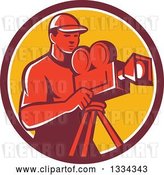 Vector Clip Art of Retro Red Male Cameraman in a Maroon White and Yellow Circle by Patrimonio