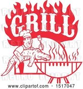Vector Clip Art of Retro Red Male Chef Carrying and Alligator to a Football Shaped Bbq Under Grill Text Flames by Patrimonio