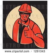 Vector Clip Art of Retro Red Male Construction Worker Holding a Thumb up in a Tan Circle on Black, with a White Border by Patrimonio