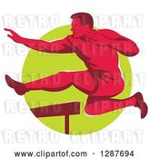 Vector Clip Art of Retro Red Male Track and Field Athlete Running and Leaping Hurdles over a Green Circle by Patrimonio