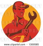 Vector Clip Art of Retro Red Male Worker Holding a Spanner Wrench in a Yellow Circle by Patrimonio