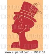 Vector Clip Art of Retro Red Silhouetted Burlesque Lady Wearing a Hat over Tan by BNP Design Studio