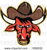 Vector Clip Art of Retro Red Texas Longhorn Bull Wearing a Cowboy Hat and Nose Ring by Patrimonio