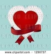 Vector Clip Art of Retro Red Valentine Love Heart over a Patterned Doily with a Red Ribbon over Turquoise by Elaineitalia