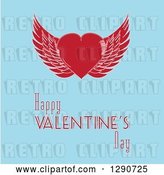 Vector Clip Art of Retro Red Winged Love Heart over Happy Valentines Day Text on Blue by Elaineitalia