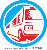 Vector Clip Art of Retro Red Woodcut Bus in a Blue and White Circle by Patrimonio
