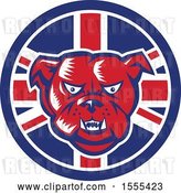 Vector Clip Art of Retro Red Woodcut Guard Bulldog in a Union Jack Flag Circle by Patrimonio