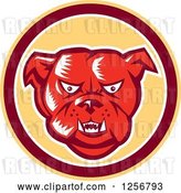 Vector Clip Art of Retro Red Woodcut Guard Bulldog in a Yellow Maroon and White Circle by Patrimonio