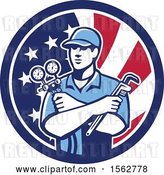 Vector Clip Art of Retro Refrigeration Mechanic, Air Conditioning or Air Con Serviceman Holding Manifold Gauge in an American Flag Circle by Patrimonio