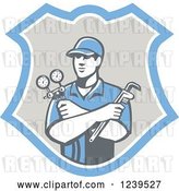 Vector Clip Art of Retro Refrigeration Mechanic Worker Holding a Pressure Gauge in a Shield by Patrimonio