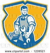 Vector Clip Art of Retro Repair Guy Carrying a Wrench and Tool Box in a Shield by Patrimonio