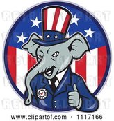 Vector Clip Art of Retro Republican GOP Party Elephant Uncle Sam Holding a Thumb up over an American Circle by Patrimonio