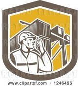 Vector Clip Art of Retro Retor Male Dock Worker with Shipping Containers in a Shield by Patrimonio