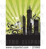 Vector Clip Art of Retro Retro-Revival Background with City Skyscrapers with Vines, over Black and Green by OnFocusMedia