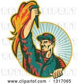 Vector Clip Art of Retro Revolution Male Worker Holding up a Torch and Emerging from a Turquoise Sun Burst Circle by Patrimonio