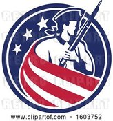 Vector Clip Art of Retro Revolutionary Soldier Holding a Musket, Draped in Stripes in an American Star Circle by Patrimonio