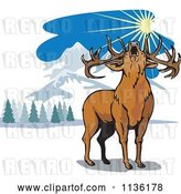 Vector Clip Art of Retro Roaring Deer in the Mountains by Patrimonio