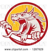 Vector Clip Art of Retro Roaring Dragon Emerging from a Red White and Yellow Circle by Patrimonio