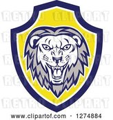 Vector Clip Art of Retro Roaring Lion Head in a Blue White and Yellow Shield by Patrimonio