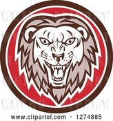 Vector Clip Art of Retro Roaring Lion Head in a Brown White and Red Circle by Patrimonio