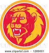 Vector Clip Art of Retro Roaring Lion Head in an Orange White and Red Circle by Patrimonio
