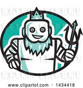 Vector Clip Art of Retro Robotic Poseidon Holding a Trident in a Black White and Turquoise Oval by Patrimonio