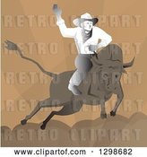 Vector Clip Art of Retro Rodeo Cowboy on Abull over Brown by Patrimonio