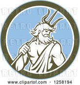 Vector Clip Art of Retro Roman Sea God, Neptune or Poseidon, with a Trident in a Blue and Olive Green Circle by Patrimonio