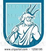 Vector Clip Art of Retro Roman Sea God, Neptune or Poseidon, with a Trident in a Blue and White Shield by Patrimonio