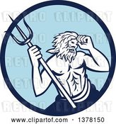 Vector Clip Art of Retro Roman Sea God, Neptune or Poseidon, with a Trident in a Blue Circle by Patrimonio