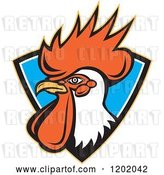 Vector Clip Art of Retro Rooster Head Emerging from a Blue Shield Crest by Patrimonio
