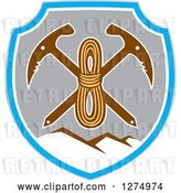Vector Clip Art of Retro Rope over Crossed Pickaxes in a Gray Blue and White Shield of Mountains by Patrimonio