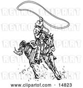 Vector Clip Art of Retro Roper Cowboy on a Horse, Using a Lasso to Catch a Cow or Horse by Andy Nortnik
