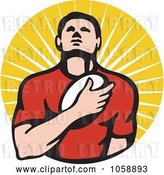 Vector Clip Art of Retro Rugby Player Holding a Ball to His Chest, over Rays by Patrimonio