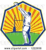 Vector Clip Art of Retro Rugby Player Throwing Against a Sunset in a Heptagon by Patrimonio