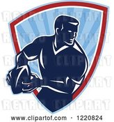 Vector Clip Art of Retro Rugby Player with a Ball in a Blue Sunshine Shield by Patrimonio