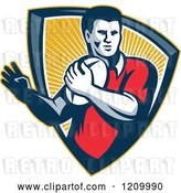 Vector Clip Art of Retro Rugby Player with a Ball in a Ray Shield by Patrimonio