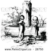 Vector Clip Art of Retro Sad Children with a Broken Pot at a Water Pump by Prawny Vintage