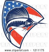 Vector Clip Art of Retro Sailfish Leaping over an American Flag Shield by Patrimonio