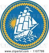 Vector Clip Art of Retro Sailing Galleon Ship in a Blue Circle with Rope by Patrimonio