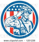 Vector Clip Art of Retro Saluting American Soldier over an American Flag Circle by Patrimonio