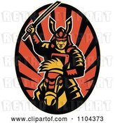 Vector Clip Art of Retro Samurai Warrior on Horseback with a Raised Katana Sword over Rays by Patrimonio