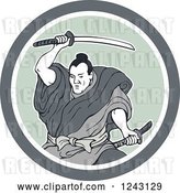 Vector Clip Art of Retro Samurai Warror Swinging a Katana Sword in a Circle by Patrimonio