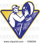 Vector Clip Art of Retro Satellite Dish Installer or Repair Guy over a Triangle with Rays by Patrimonio