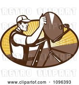 Vector Clip Art of Retro Satellite Dish Installer or Repair Guy over an Oval with Rays by Patrimonio