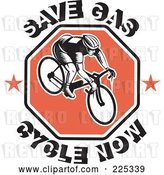 Vector Clip Art of Retro Save Gas Cycle Now Text Around a Bicyclist on a Red Octagon by Patrimonio
