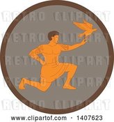 Vector Clip Art of Retro Scene of a Samoan God, Tagaloa, Kneeling and Releasing His Plover Bird Daughter in a Brown Circle by Patrimonio