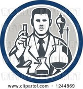 Vector Clip Art of Retro Scientist Working with Lab Equipment in a Circle by Patrimonio